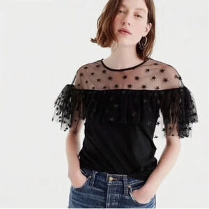 J.Crew | Women's Star Mesh Yoke Ruffled Short Sleeve Black Blouse Size Small